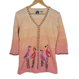 Storybook Knits Flamingo Embellished Zip Front Sweater S
